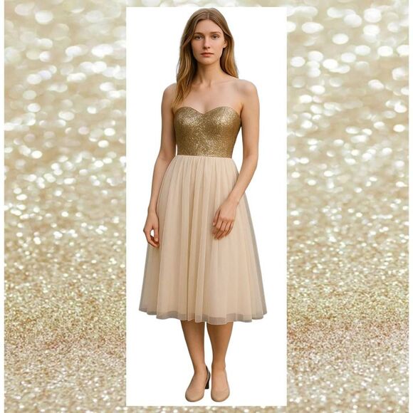 Christina Wu Prom Gown Gold Sequin Sweetheart Bodice Champagne Maxi Dress - Picture 1 of 8